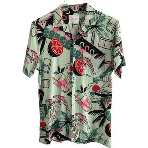 Duvin Design Shirt Short Sleeve Miami Flamingo Tropical Print Mint Green Small